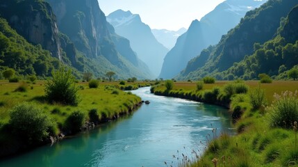 Fototapeta premium A tranquil river cutting through a lush valley, surrounded by towering mountains, the water sparkling under the bright sun. A peaceful, untouched natural paradise.