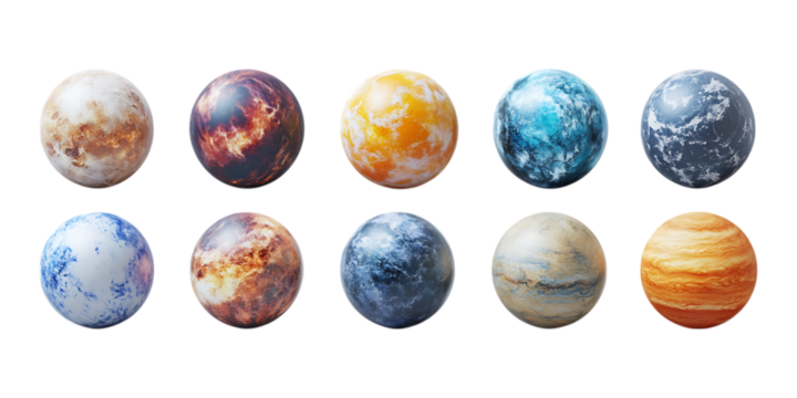 Pack Exoplanet Set in Different Poses Against Transparent Background for Space Exploration, Sci-Fi Concepts, or Astronomical Research