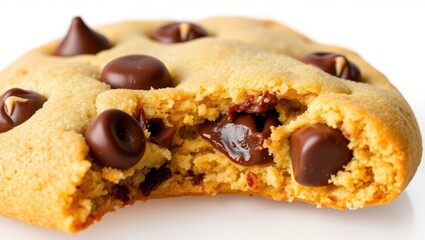 A close-up of a freshly baked chocolate chip cookie with a bite taken out of it, golden brown and crispy on the edges, with gooey melted chocolate chips. The cookie is isolated on a transparent backgr