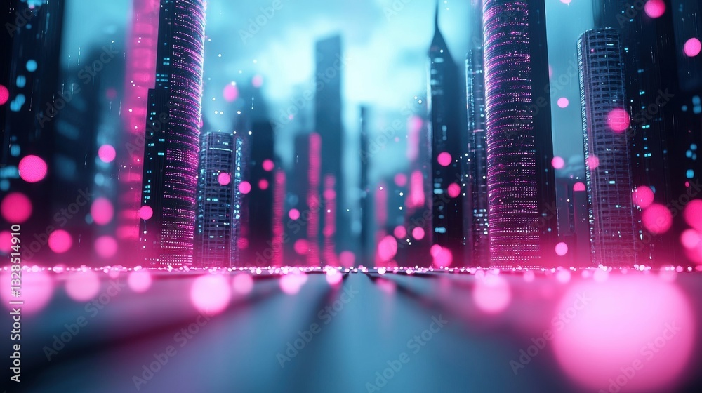Poster technology and communication futuristic cityscape with interconnected digital networks and glowing d