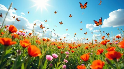 Fototapeta premium A vibrant wildflower field in full bloom under a bright blue sky, butterflies fluttering above colorful blossoms. A lively spring landscape filled with radiant hues.