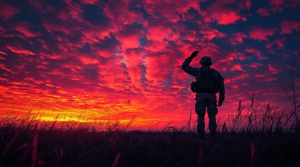Soldier saluting fiery sunset, field, war