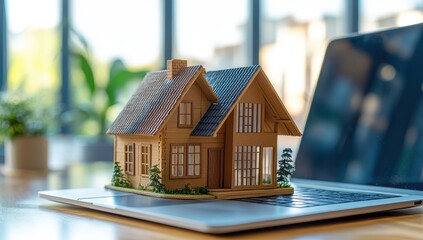 3D wooden model house displayed on laptop keyboard conveying real estate concept, architectural design, home construction ideas in modern office setting
