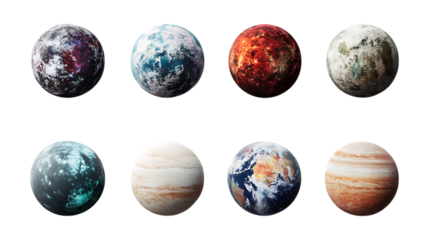 Pack Exoplanet Set in Different Poses Against Transparent Background for Space Exploration, Sci-Fi Concepts, or Astronomical Research