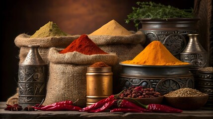 A Vibrant Tapestry Of Exotic Spices, Nestled In Rustic Burlap Sacks And Ornate Containers, Evokes The Warmth And Richness Of Ancient Culinary Traditions With Rich, Warm Lighting And A Dark, Moody Back