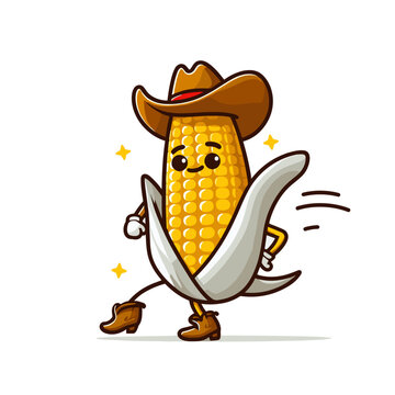 Corn cowboy character pulling husks like quick-draw pistols. Vector illustration for western-themed food festivals, agricultural events, or vegetable mascots.