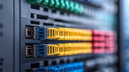 A close-up view of network cables in various colors connected to a server, showcasing the intricate setup of a data center.