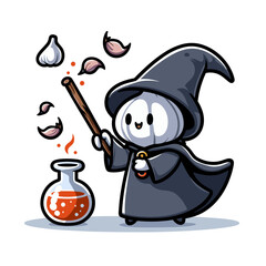 Obraz premium Mysterious garlic wizard with potion bottle and magic wand. Vector illustration for culinary magic, cooking potions, or ingredient sorcery concepts.