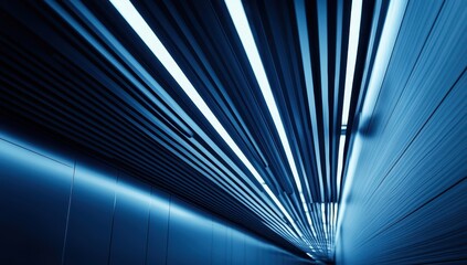 Abstract architectural corridor with blue lighting and dynamic lines creating a modern and futuristic atmosphere in an urban setting