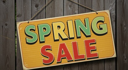 Bright spring sale sign with bold lettering on a wooden background