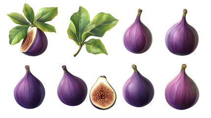 Pack Fig Fruit Set in Different Poses Against Transparent Background for Healthy Eating, Mediterranean Diet, or Natural Food Concepts