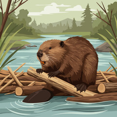Beaver Building Dam in River Cartoon Illustration in Nature