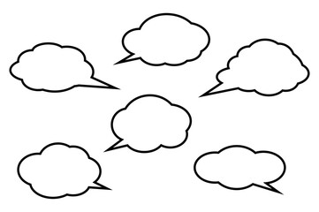 Cloud shaped speech bubble set with black outline isolated on white background. Blank comic chat balloons collection for design and communication