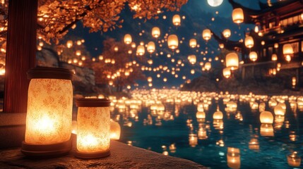 Obraz premium Serene Night Scene Floating Lanterns Illuminated Water Asian Architecture Tranquil Atmosphere Peaceful Evening Magical Lights