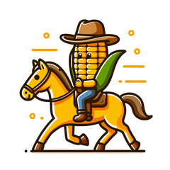 Fototapeta premium Corn cowboy riding horse in western landscape. Vector illustration for agricultural adventures, farm character concepts, or countryside wild west themes.