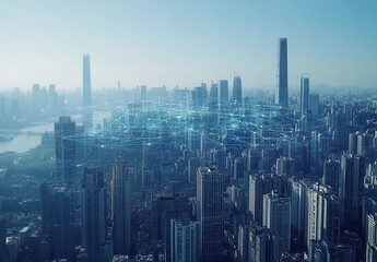 Fototapeta premium Aerial View of a Modern Cityscape with a Digital Network Overlay Representing Connectivity and Technology Advances in Urban Environments