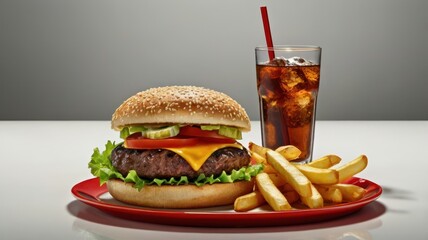 A cheeseburger with a sesame seed bun, fresh lettuce, tomato, cheddar cheese, and a juicy beef patty, served with crispy golden French fries and a cold cola with a red straw. The meal is presented on 