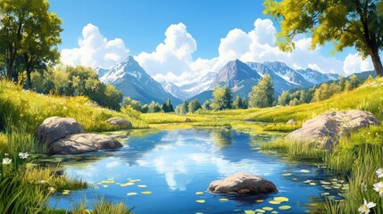 Serene mountain lake landscape idyllic summer scenery peaceful meadow tranquil water reflection majestic mountains picturesque nature beauty