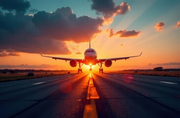 Naklejka premium Plane taking off at sunset over a runway in a scenic landscape