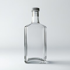 Front View Clear Glass Bottle, Studio Shot, Minimalist Design, Liquid Container, Mockup, Spirit, Isolated, White Background, Transparent.