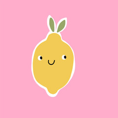 Cute lemon simple doodle style. Cute cartoon Sweet garden food. Healthy vitamin fruits character. Flat vector illustration on white background