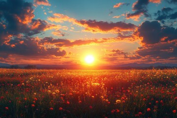 Colorful sunset over a vibrant wildflower field with clouds at dusk in the countryside