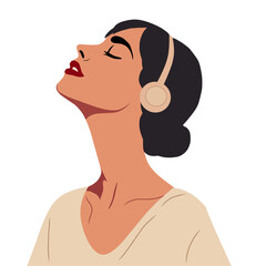 Vector illustration of a stylish woman with headphones, eyes closed, and head tilted back, enjoying music. Represents concepts of relaxation, self-care, and artistic expression