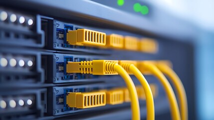 A close-up view of server ports with yellow Ethernet cables connected, illustrating modern data networking technology.