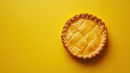 A freshly baked pie with a golden crust resting on a vibrant yellow background, perfect for dessert lovers and food photography.