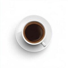 Top view, coffee cup on saucer, flat lay, minimalism. Morning caffeine concept, fresh start, energy boost, beverage break, drink time.
