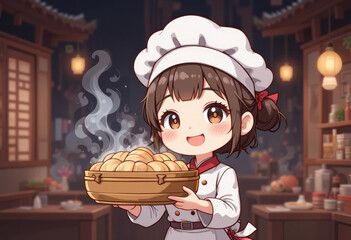 Cute Anime Chef Holding Steaming Dim Sum in Asian Restaurant