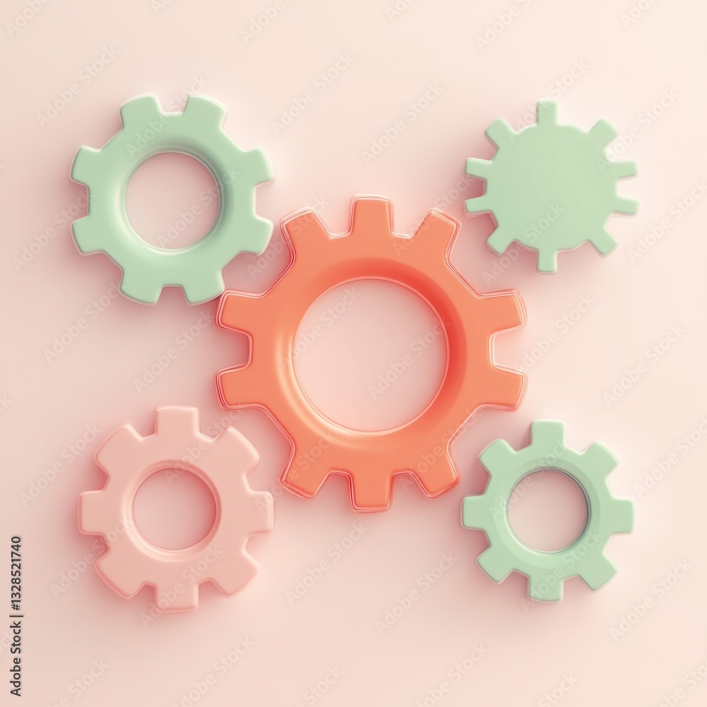Poster Interlocking pastel gears mechanism teamwork concept Colorful cogwheels working together Abstract business technology background