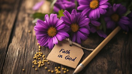 Purple Flowers with "Faith in God" Tag on Rustic Wooden Background

