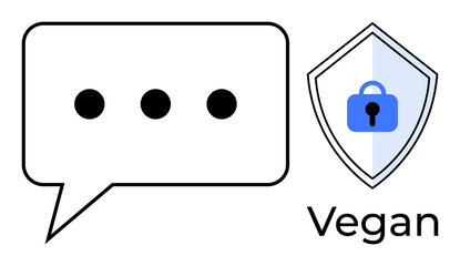 Speech bubble with three dots next to blue lock shield, labeled Vegan. Ideal for communication, security, ethics, digital safety, dietary choices, transparency veganism. Abstract line flat metaphor