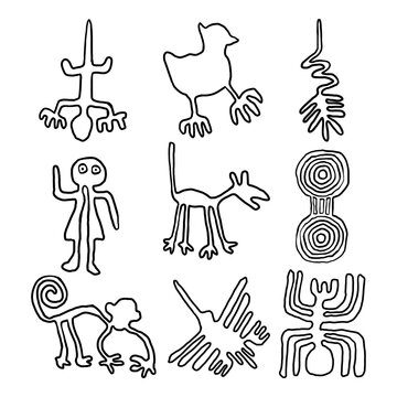 Set of Black Line Doodle Art Elements on White Background. Vector illustration about Nazca.