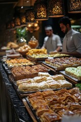 A dessert display filled with baklava and sweet pastries. Caf&Atilde;&copy; staff carefully arrange each treat before iftar begins.