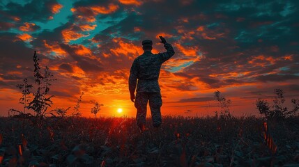 Fototapeta premium Soldier saluting sunset, field, dramatic sky