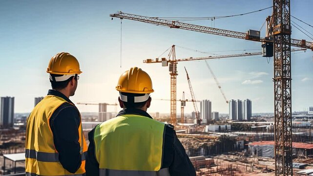 Building the Future: Two construction workers gaze upon a cityscape under development, a scene of progress with cranes silhouetted against a blue sky, a testament to the ingenuity of human endeavors.