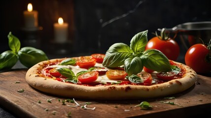 A delicious Italian-style pizza with melted mozzarella cheese stretching as a slice is pulled away. The pizza is topped with fresh basil, cherry tomatoes, and a crispy golden crust. The wooden serving
