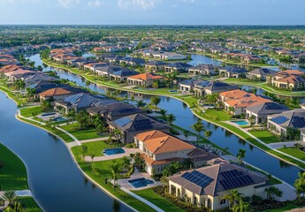 Aerial View of Elegant Suburban Neighborhood with Lush Greenery and Beautiful Waterways in a Bright Sunny Day