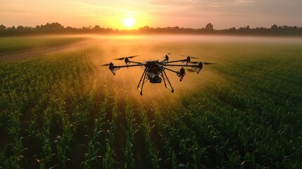smart farm technology concept picture of spraying agriculture drone flying over corn or maize field