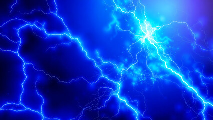 Dynamic Lightning Storm: Electrifying Weather and Dramatic Thunder in Blue Sky Background with Powerful Electrical Charge