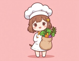 Cute Cartoon Chef Holding Bag of Vegetables on Pink Background