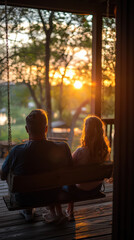 Golden Hour Romance: A couple sits together on a porch swing, enjoying the breathtaking sunset over the tranquil landscape, evoking a sense of peace and love.