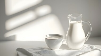 Glass and jug of fresh milk isolated on white