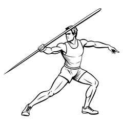 Javelin thrower in position ready to launch spear on white background