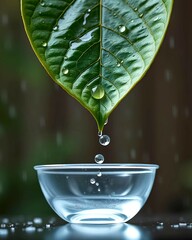 Rainwater is dripping from a leaf and it is collected in a bowl which is representing the concept of save water