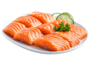 Freshly sliced salmon fillets arranged on a simple white plate on transparent background, cut out, PNG 3D Digital Art, clip art.