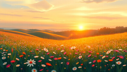 Serene Sunset Over Colorful Flower Field in Rolling Hills Landscape