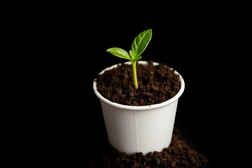 Green Sprout of Hope: A young, vibrant sprout emerges from the rich soil, contained within a simple container, symbolizing growth, potential, and new beginnings on a dark background.